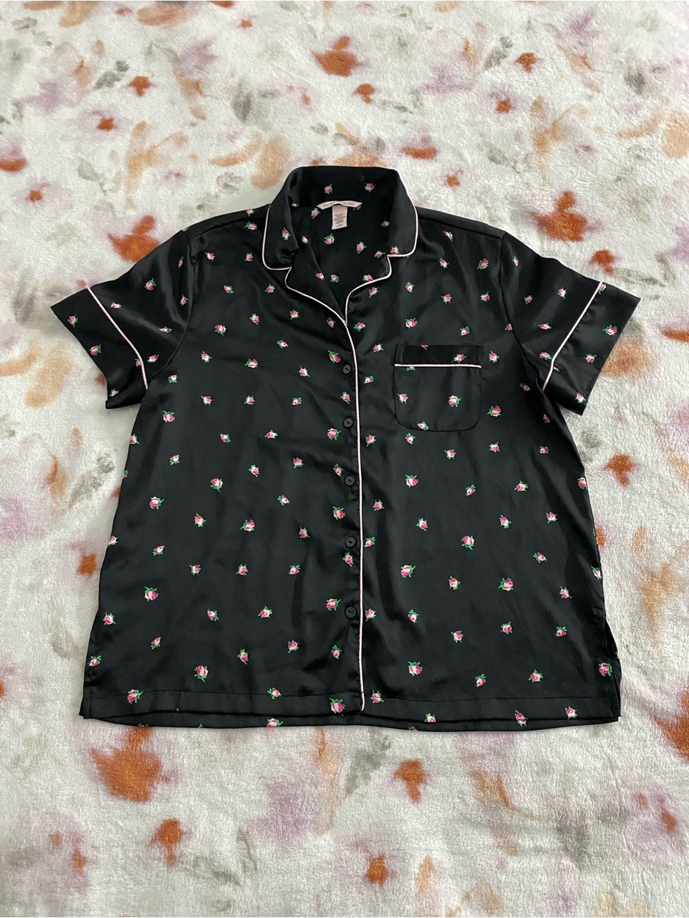 Victoria's Secret Black Short-Sleeve Button-Up with Pink Floral Print